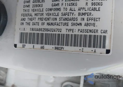 2008 Acura Tl 3.2 z USA, uszkodzony, nr VIN 19UUA66258A024702